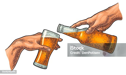 istock Male finger pouring beer from bottle into glass. The Creation of Adam. 1149595095