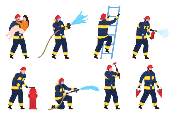 stockillustraties, clipart, cartoons en iconen met male firefighters characters set vector flat illustration. fireman emergency safety actions - save water bucket
