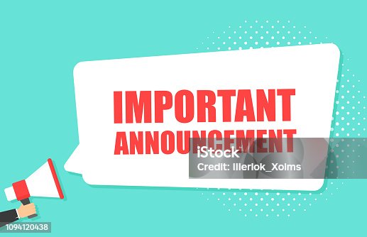 istock Male hand holding megaphone with Important Announcement speech bubble. Loudspeaker. Banner for business, marketing and advertising. Vector illustration. 1094120438