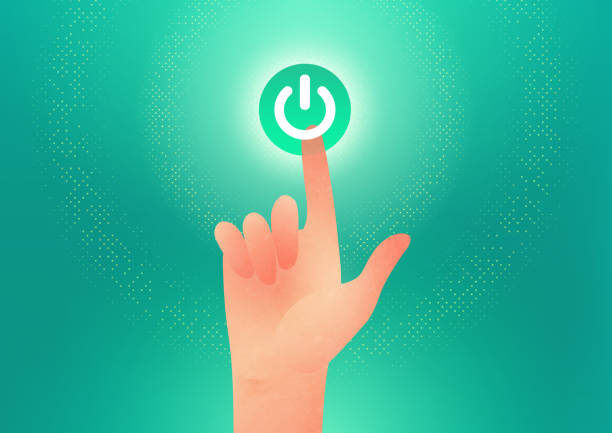 見出しとテキストのためのスペースを持つ緑の背景の電源ボタンを指で切り替えてアイコンの電源をオンにする男性の手。 - 点灯・消灯点のイラスト素材／クリップアート素材／マンガ素材／アイコン素材