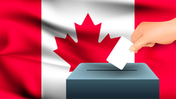 Male hand puts down a white sheet of paper with a mark as a symbol of a ballot paper against the background of the Canada flag. Canada the symbol of elections vector art illustration