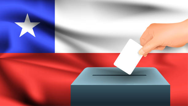 Male hand puts down a white sheet of paper with a mark as a symbol of a ballot paper against the background of the Chile flag. Chile the symbol of elections vector art illustration