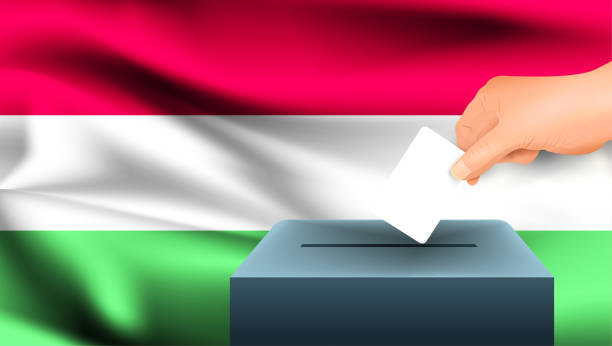 Male hand puts down a white sheet of paper with a mark as a symbol of a ballot paper against the background of the Hungary flag. Hungary the symbol of elections vector art illustration