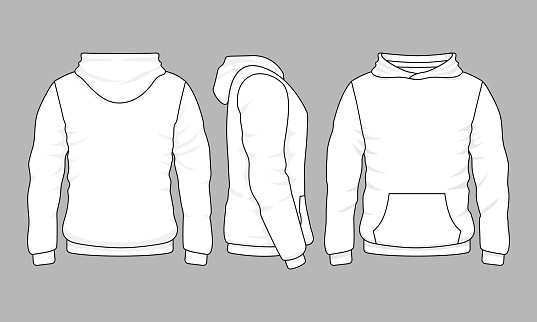 Male hoodie sweatshirt in front, back and side views. Vector sweatshirt or sportswear clothing with hood illustration