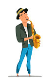 Young male jazz saxophonist in suit and hat isolated on white. Talented musician performance. Saxophone player cartoon character. Man playing musical instrument. Vector flat illustration