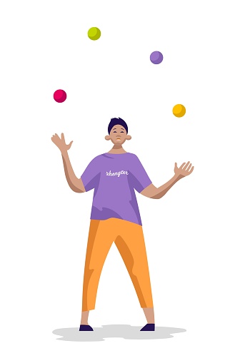 A male juggler throws up colored balls. Illustration in flat style.