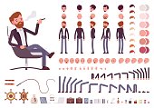 Male manager character creation set. Full length, different views, isolated against white background. Build your own design. Cartoon flat-style infographic illustration