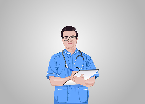 Male nurse writing on clipboard over white background