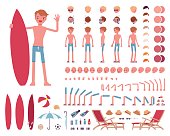 Male swimsuit, sport and summer character creation set. Full length, views, emotions, gestures, tanned skin tones, white background. Build your own design. Cartoon flat-style infographic illustration