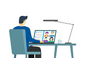 Male using laptop with people group on screen taking part online conference. Virtual work meeting and distance education webinar or videoconferencing. Video conferencing and remote web communication