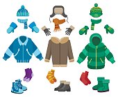 Male winter clothing isolated on white background. Cold weather clothes collection for boys vector illustration