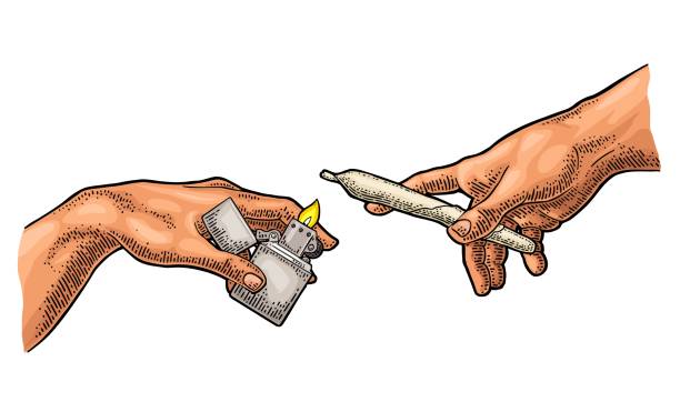 Males hands holding lighter and cigarette. Vector color vintage engraving Males hands holding metal handle lighter open with flame and cigarette with marijuana. Section fresco The Creation of Adam. Vector color vintage engraving illustration isolated on a white background cigarette lighter stock illustrations