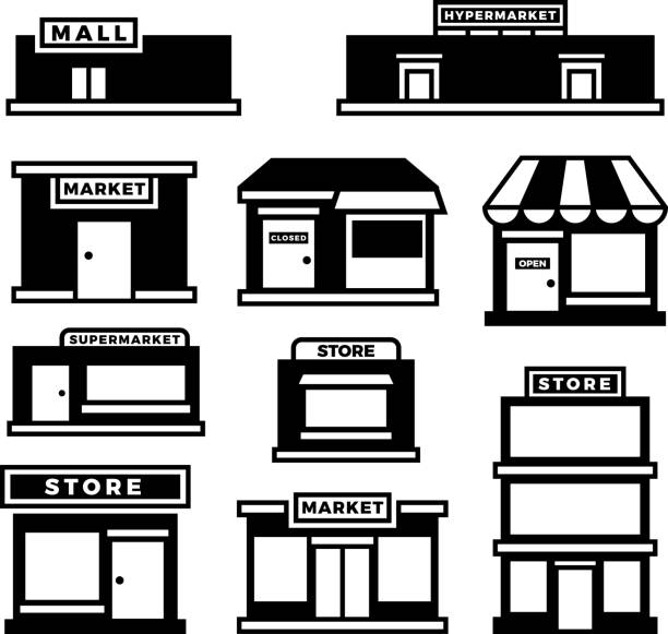 Mall and shop building icons. Shopping and retail pictograms. Supermarket, store exterior vector black symbols isolated Mall and shop building icons. Shopping and retail pictograms. Supermarket, store exterior vector black symbols isolated. Monochrome building shop and store, market and retail illustration supermarket symbols stock illustrations