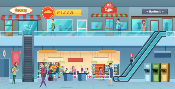 ilustrações de stock, clip art, desenhos animados e ícones de mall interior. retailers hypermarket commercial shopping big hall windows vector cartoon illustration - shopping