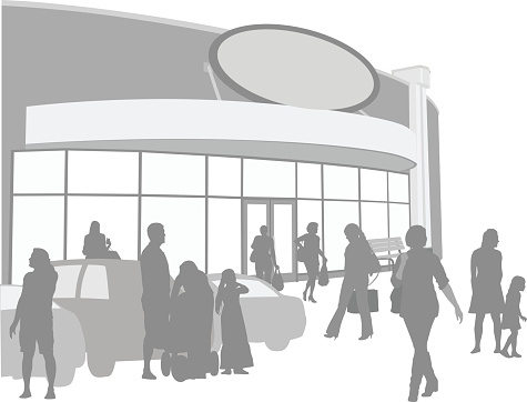 A vector silhouette illustration of a busy parking lot outside of a shoppin...