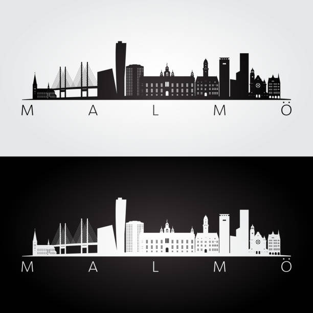 ilustrações de stock, clip art, desenhos animados e ícones de malmo skyline and landmarks silhouette, black and white design, vector illustration. - malmo