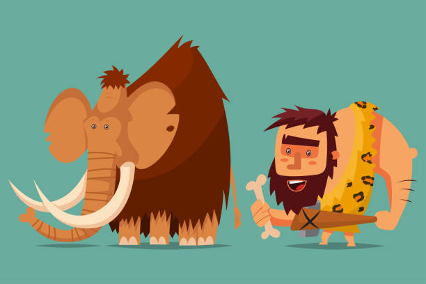 Mammoth and caveman with a stone age weapon in his hand. Vector cartoon illustration of a primitive Neanderthal man hunting for a prehistoric animal. Cute caveman and mammoth vector cartoon illustration of a Stone Age. mastodon animal stock illustrations