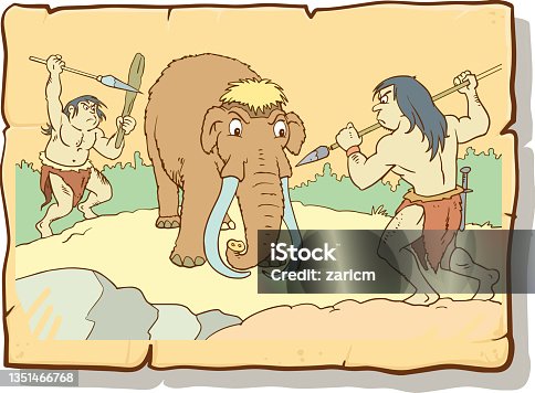 istock Mammoth hunting background with people mammoth and weapons flat vector ilustration 1351466768