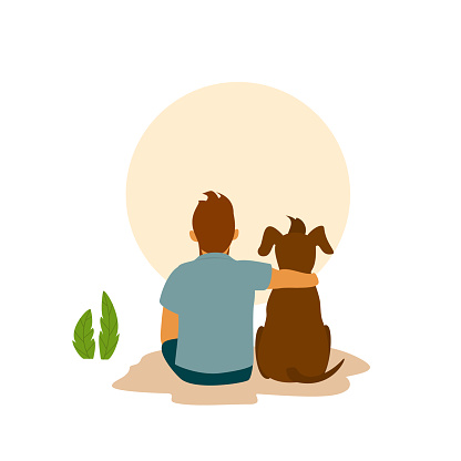 man and his best friend dog cuddle hug, backside view cute cartoon vector illustration scene
