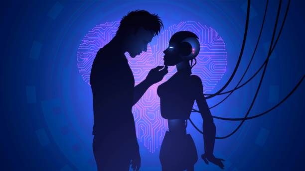 Man and robot love vector art illustration