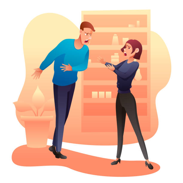 Man and woman arguing flat vector illustration Man and woman arguing flat vector illustration. Wife and husband quarrel and swear cartoon characters. Boyfriend and girlfriend shouting at each other. Yelling aggressive people isolated clipart divorce drawings stock illustrations