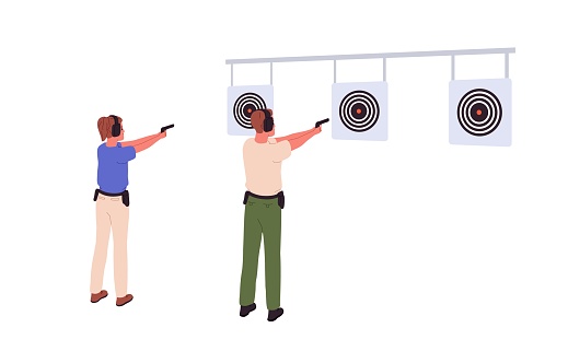 Man and woman at shooting range, aiming at target with pistol guns. Shooters holding handguns in hands, pointing at goal with firearm weapon. Flat vector illustration isolated on white background