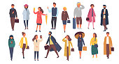 Man and woman characters in autumn outwear clothes. Crowd of cartoon people outside on the streets. Vector flat illustration.