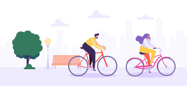 ilustrações de stock, clip art, desenhos animados e ícones de man and woman characters riding bicycle in the city background. active people enjoying bike ride in the park. healthy lifestyle, eco transportation. vector illustration - happy traveling