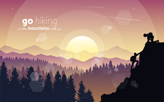 Man and woman climbing mountain. Teamwork. Travel concept of discovering, exploring, observing nature. Hiking tourism. Adventure. Minimalist graphic flyer. Polygonal flat design. Vector illustration