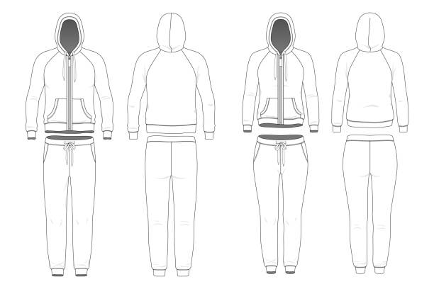 Man and woman clothing set. Front view of man and woman clothing set. Blank templates of hoodi and sweatpants. Sport style. Vector illustration for your fashion design. blank hoodie template drawing stock illustrations
