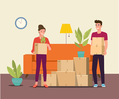 Man and woman hold boxes in the living room. Moving house.  Vector flat style illustration