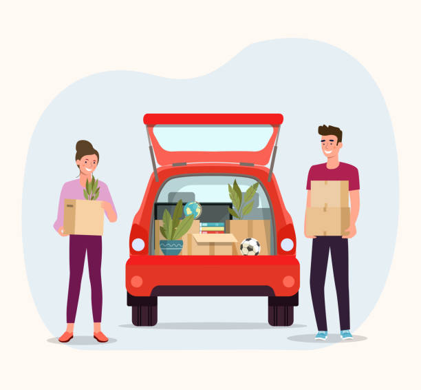 ilustrações de stock, clip art, desenhos animados e ícones de man and woman hold boxes. moving house. things in box in the trunk of the car on the back.  vector flat style illustration - arca