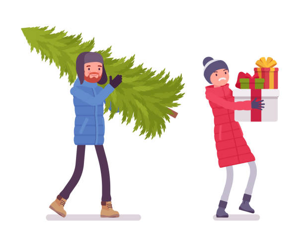 ilustrações de stock, clip art, desenhos animados e ícones de man and woman in down jacket with christmas tree, presents - woman holding a christmas gift