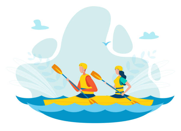 bildbanksillustrationer, clip art samt tecknat material och ikoner med man och kvinna kajakpaddling flat vektor illustration - woman kayaking