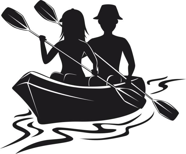 bildbanksillustrationer, clip art samt tecknat material och ikoner med man och kvinna kajakpaddling siluett sedd framifrån isolerade vektorillustration - woman kayaking