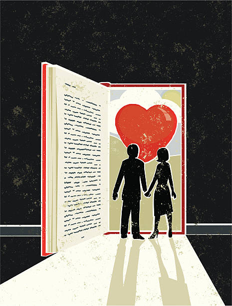 Man and Woman looking at a Love Story Book Love story! A stylized vector cartoon of a book in the shape of an open door with light streaming in and a Heart and countryside behind, the style is  reminiscent of an old screen print poster. Suggesting Love, Education, reading, escape, marriage,journey, or losing yourself in good book. Man,Woman, Book, countryside, heart, paper texture and background are on different layers for easy editing. Please note: clipping paths have been used,  an eps version is included without the path. door silhouettes stock illustrations
