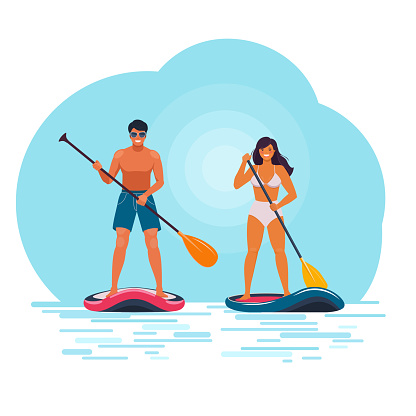 Man and woman on stand up paddle board