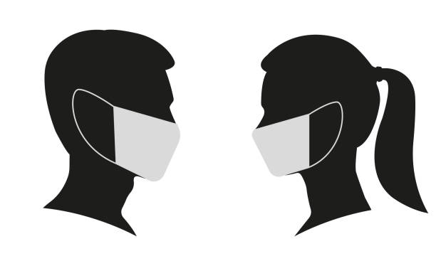 Man and Woman profile face silhouette in medical mask. Male and female head illustration. Vector illustration. Man and Woman profile face silhouette in medical mask. Male and female head illustration. Vector illustration. side view stock illustrations