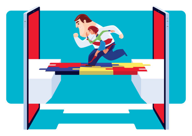 stockillustraties, clipart, cartoons en iconen met man and woman running on puzzle bridge with smartphones - hardlopen vorouw
