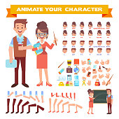 Front, side, back, 3/4 view animated characters. Separate body parts. Cartoon style, flat vector illustration.