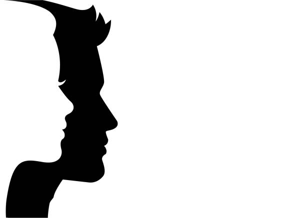 ilustrações de stock, clip art, desenhos animados e ícones de man and woman silhouette face on face – stock vector - eye contact