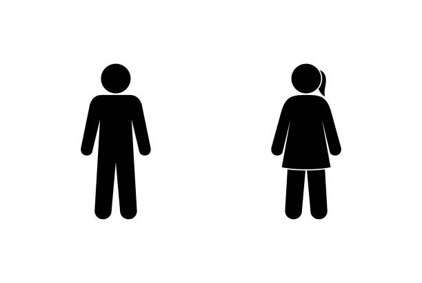 man and woman silhouettes, stick man figures, people pictogram man and woman silhouettes, stick man figures, people pictogram on white background bathroom door signs drawing stock illustrations