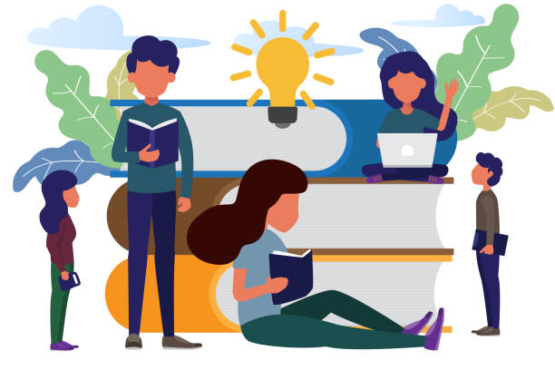 man and woman sitting front big books reading and knowledge. modern flat style vector illustration. Book festival concept of a small people reading a open huge book. vector art illustration