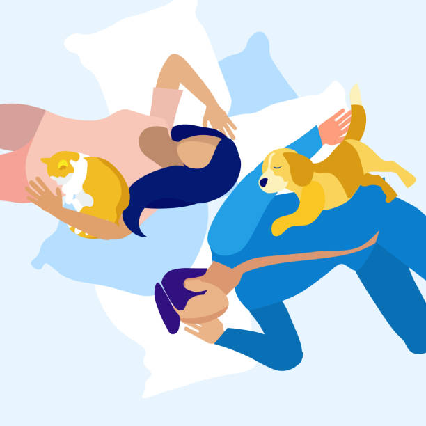 ilustrações de stock, clip art, desenhos animados e ícones de man and woman sleeping with pets illustration - sleeping couple
