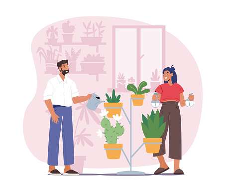 Man and Woman Spraying and Water Flowers on Shelf with Watering Can. Happy Couple Characters Take Care of Home Plants