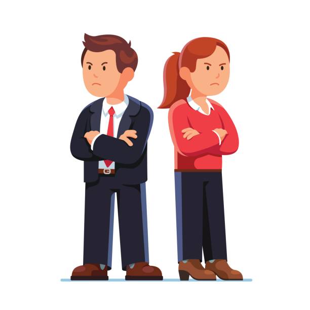 Man and woman standing back to back after argument Angry man and woman turning away from each other crossing their arms. Standing back to back after argument. Romantic relationships problem. Divorce breakup concept. Flat style vector illustration. divorce clipart stock illustrations