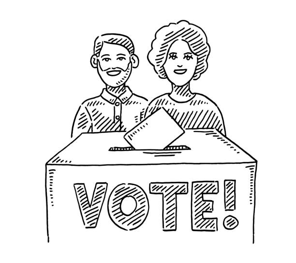 Man And Woman Vote Ballot Box Drawing Hand-drawn vector drawing of a Man And a Woman behind a Vote Ballot Box. Black-and-White sketch on a transparent background (.eps-file). Included files are EPS (v10) and Hi-Res JPG. voting clipart stock illustrations