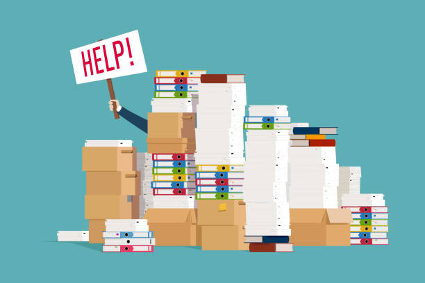 Man asks for help with paperwork Man asks for help with paperwork chaos stock illustrations