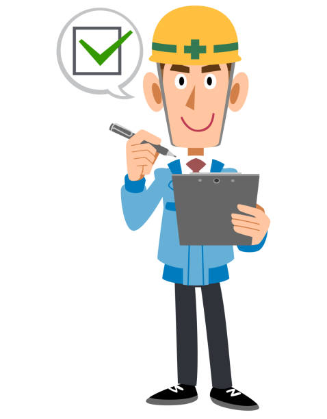 A man at a construction site to inspect and confirm A man at a construction site to inspect and confirm construction worker safety checklist stock illustrations