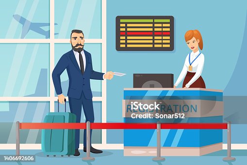 istock Man at reception. Touristwaiting for check in to their flight. 1406692606